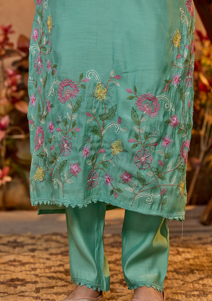 Sea Green Chanderi Threadwork Straight Kurta With Pant Regular And Dupatta