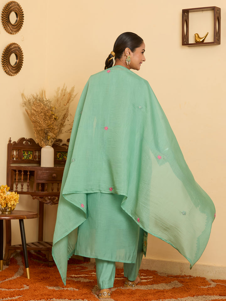 Sea Green Threadwork Chanderi Readymade Salwar Suit