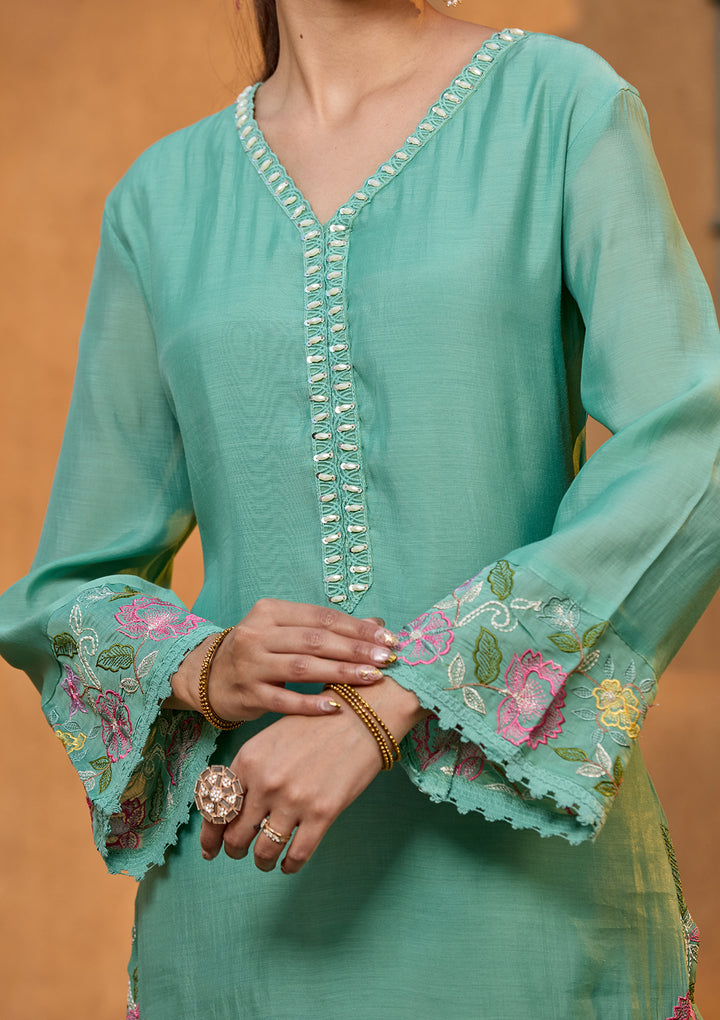 Sea Green Chanderi Threadwork Straight Kurta With Pant Regular And Dupatta