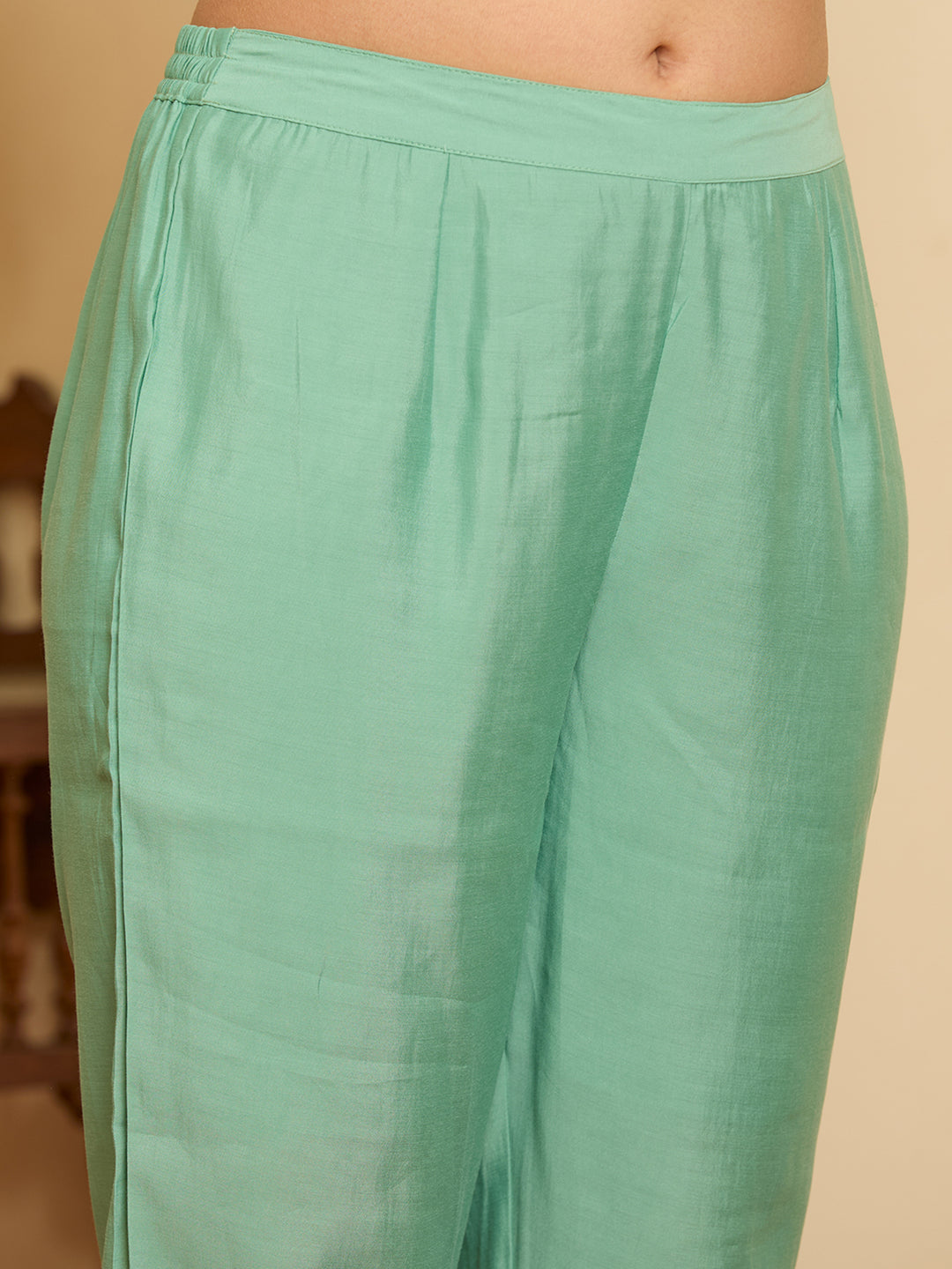 Sea Green Threadwork Chanderi Readymade Salwar Suit