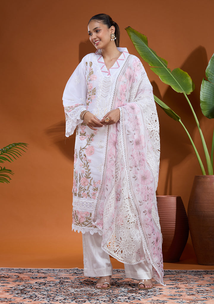 White Threadwork Tissue Readymade Salwar Suit