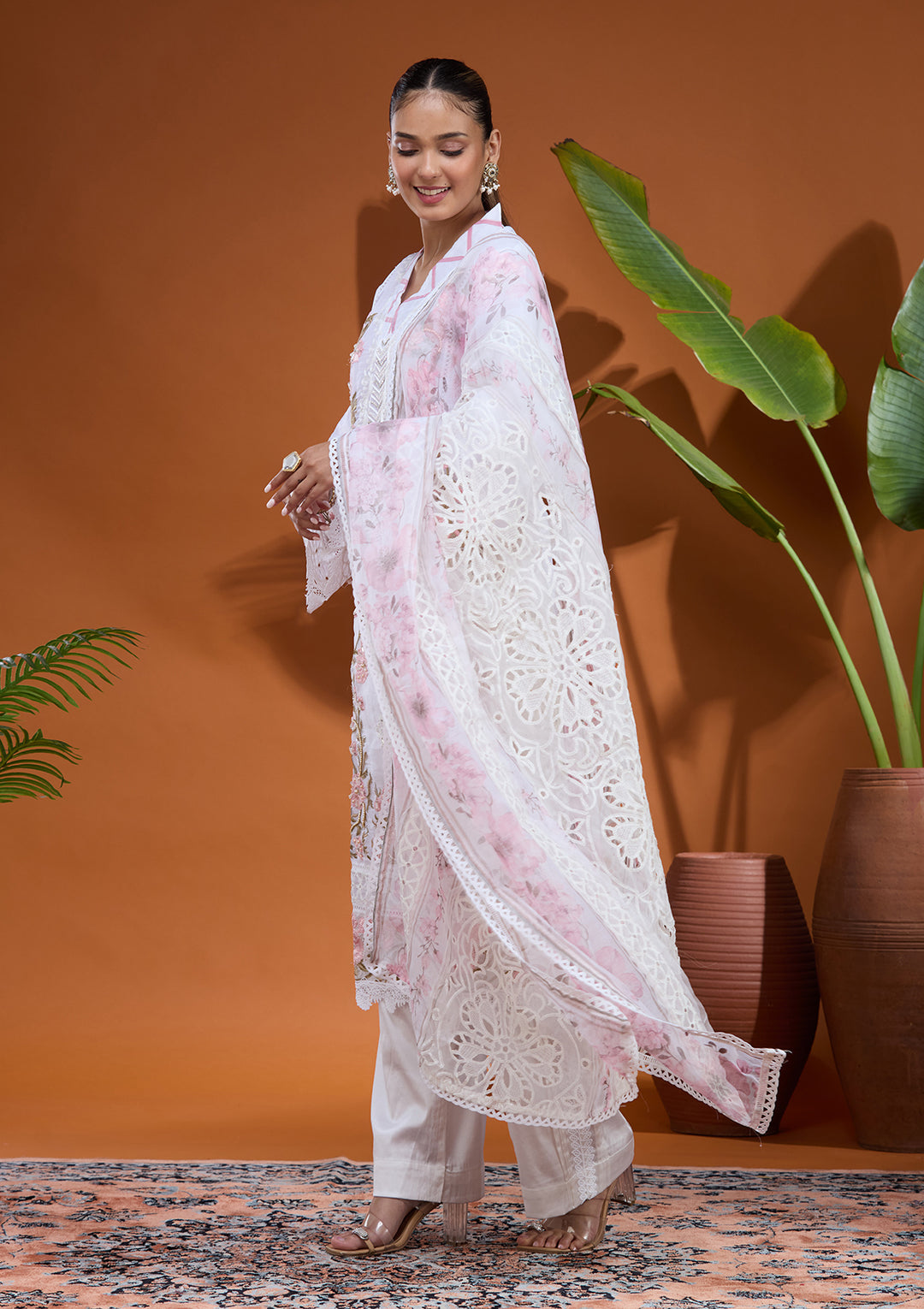 White Threadwork Tissue Readymade Salwar Suit