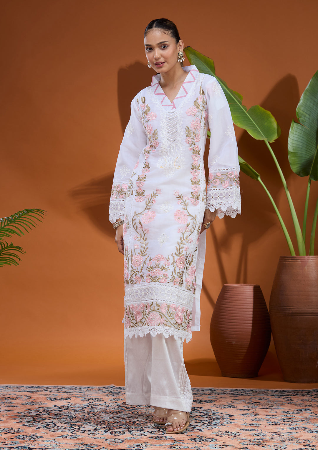 White Threadwork Tissue Readymade Salwar Suit