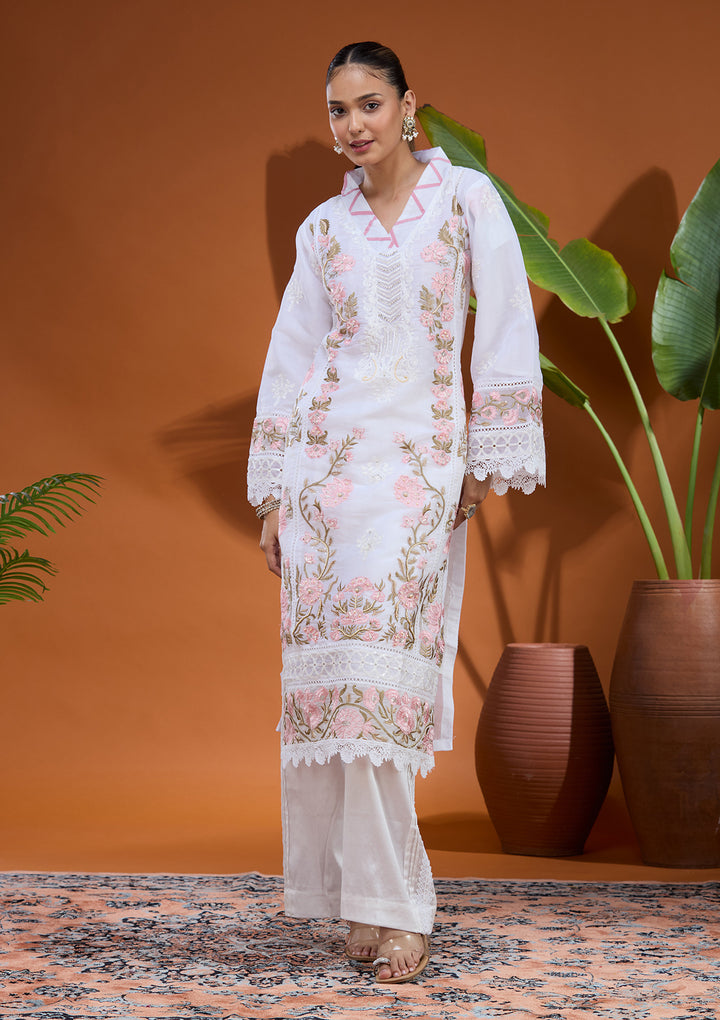 White Threadwork Tissue Readymade Salwar Suit