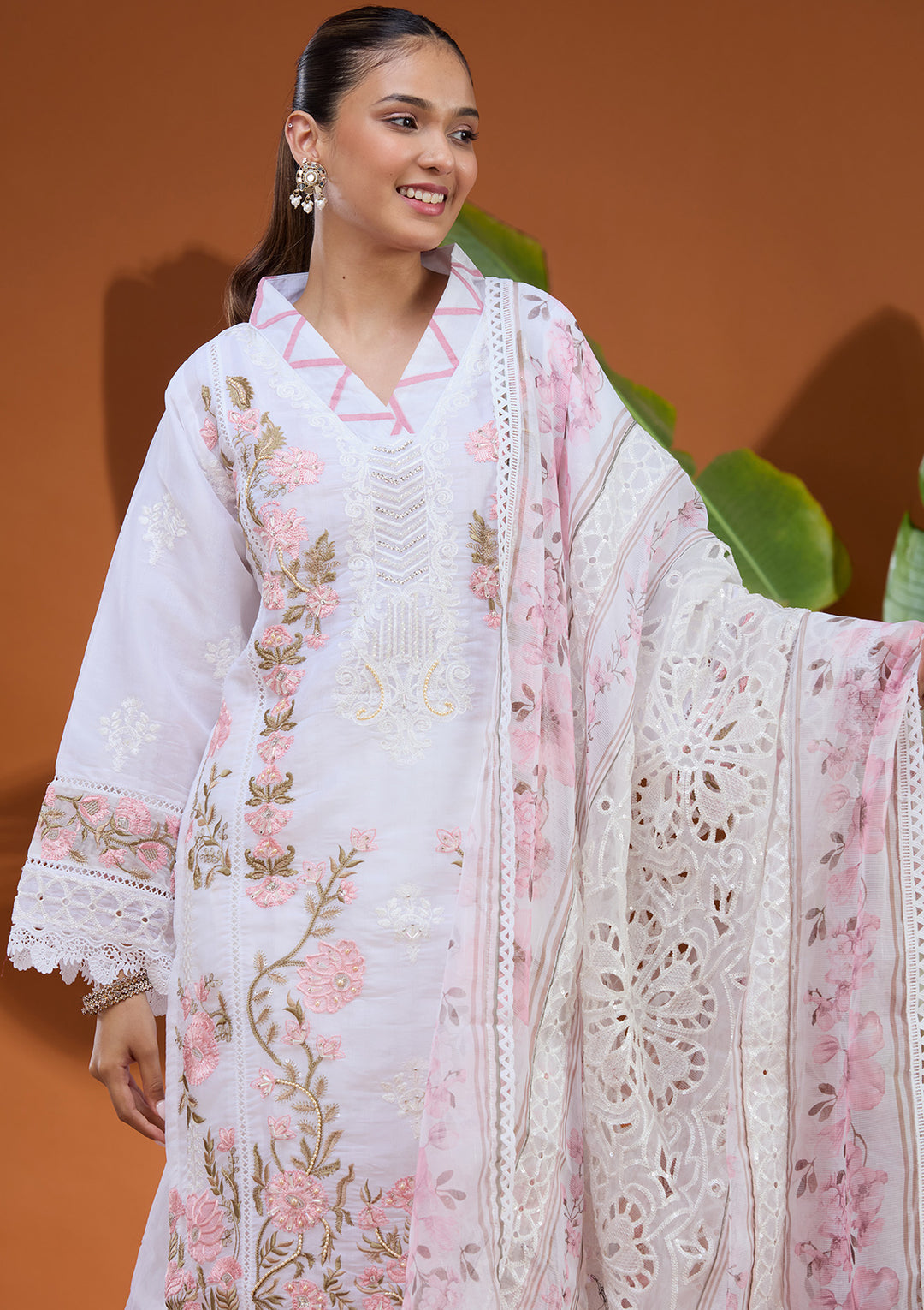 White Threadwork Tissue Readymade Salwar Suit