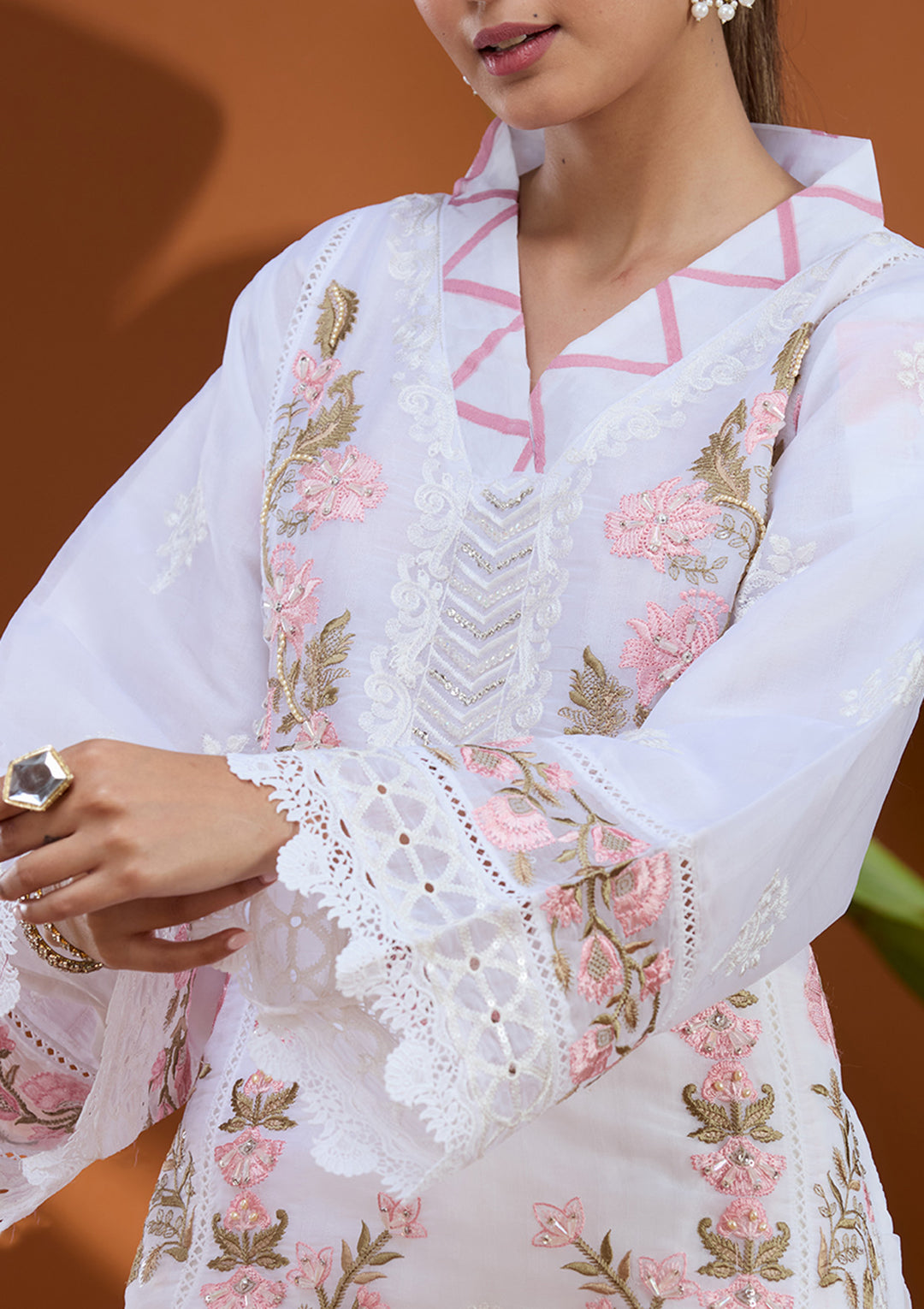 White Threadwork Tissue Readymade Salwar Suit