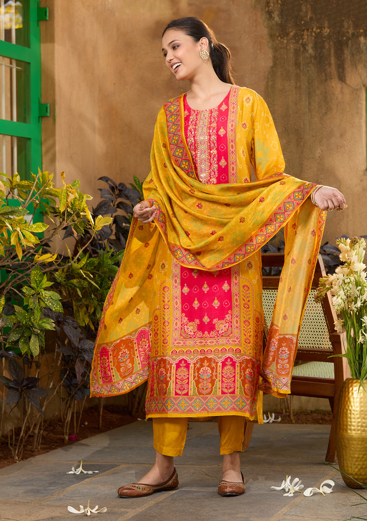 Mustard Yellow Multi Silk Abstract Geometric Sequins Straight Kurta With Pant Regular And Dupatta