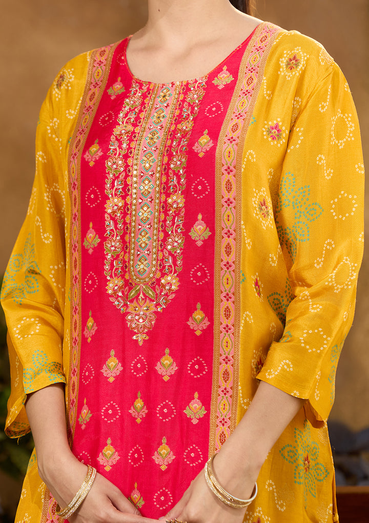 Mustard Yellow Multi Silk Abstract Geometric Sequins Straight Kurta With Pant Regular And Dupatta
