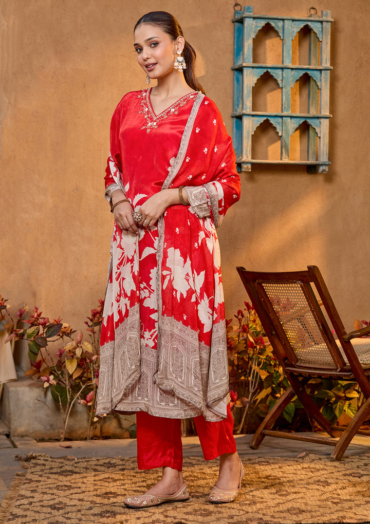 Rust Crepe Floral Cutdana Straight Kurta With Regular Pant And Dupatta