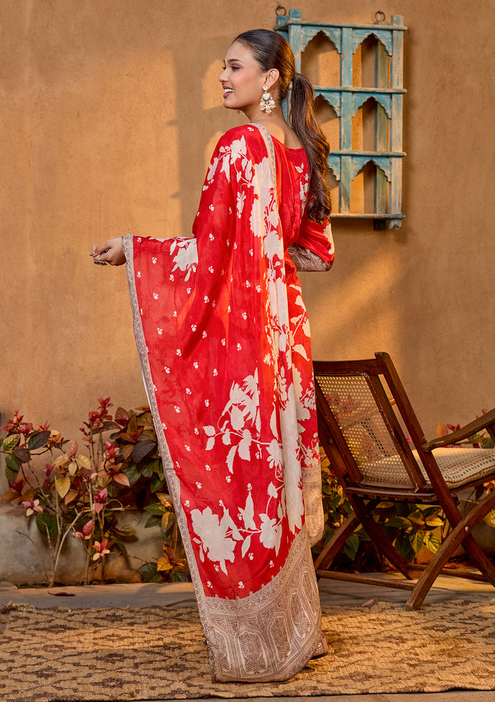 Rust Crepe Floral Cutdana Straight Kurta With Regular Pant And Dupatta