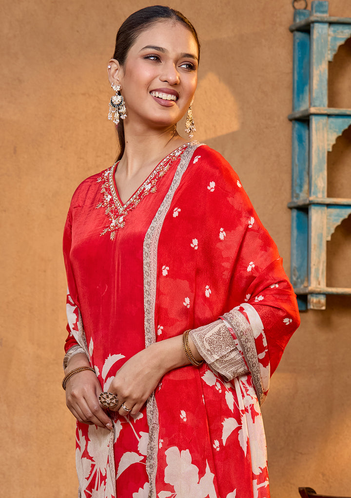 Rust Crepe Floral Cutdana Straight Kurta With Regular Pant And Dupatta