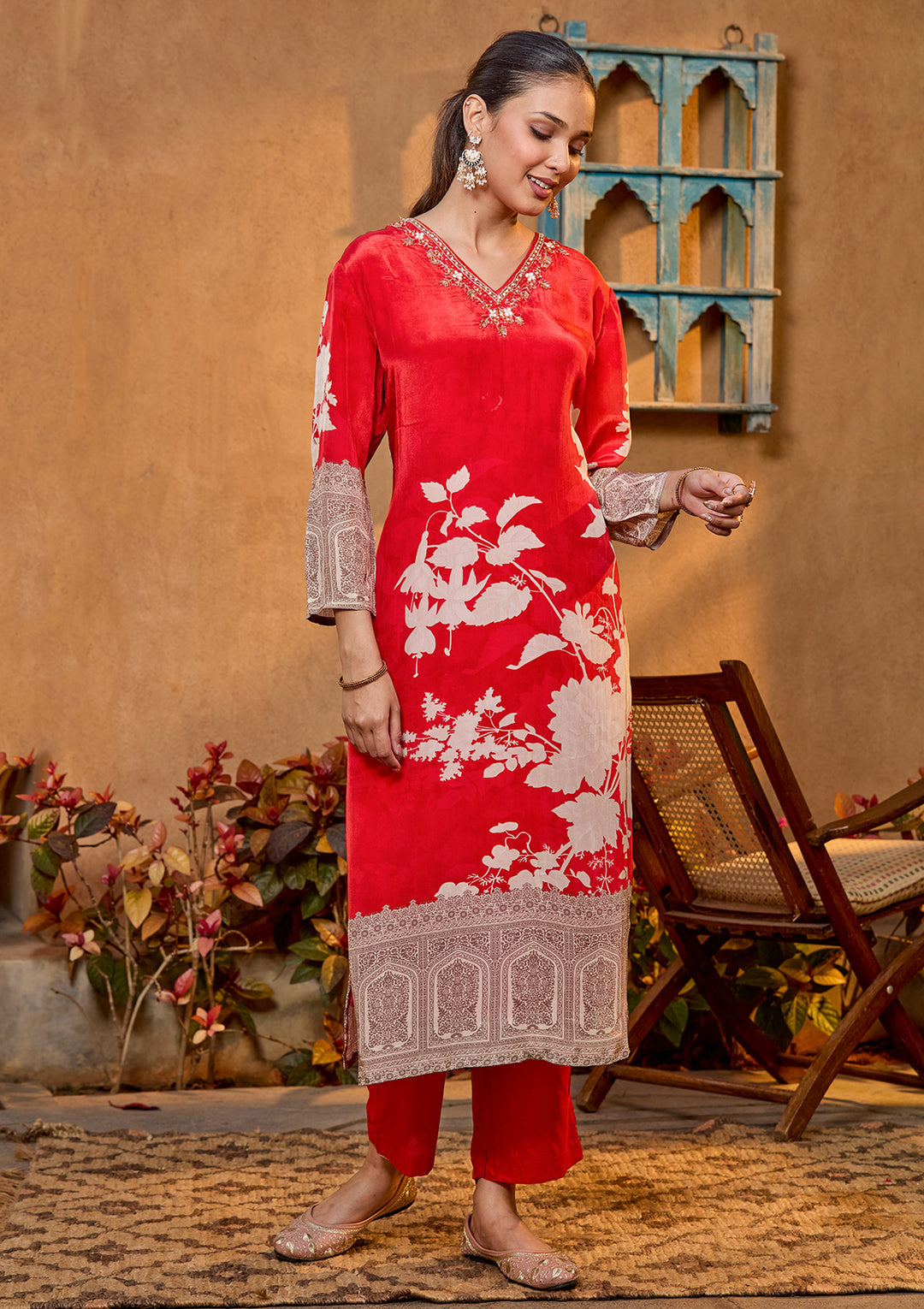 Rust Crepe Floral Cutdana Straight Kurta With Regular Pant And Dupatta