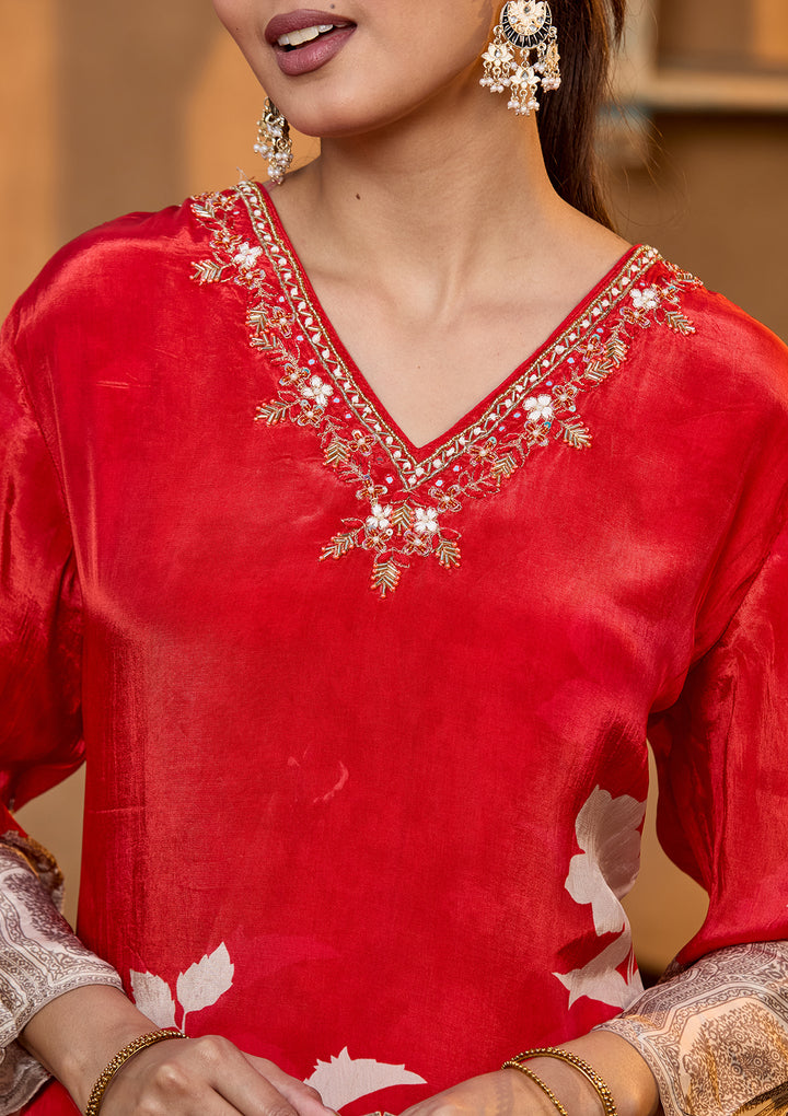 Rust Crepe Floral Cutdana Straight Kurta With Regular Pant And Dupatta