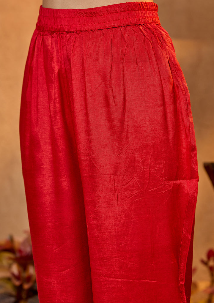 Rust Crepe Floral Cutdana Straight Kurta With Regular Pant And Dupatta