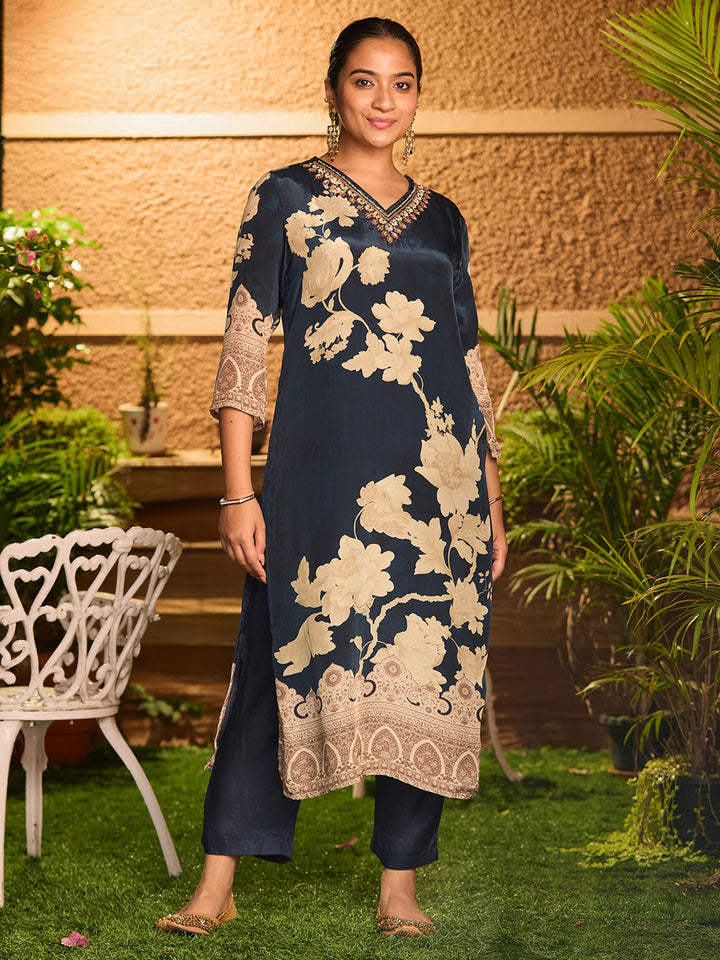 Navy Blue Cutdana Satin Readymade Salwar Suit