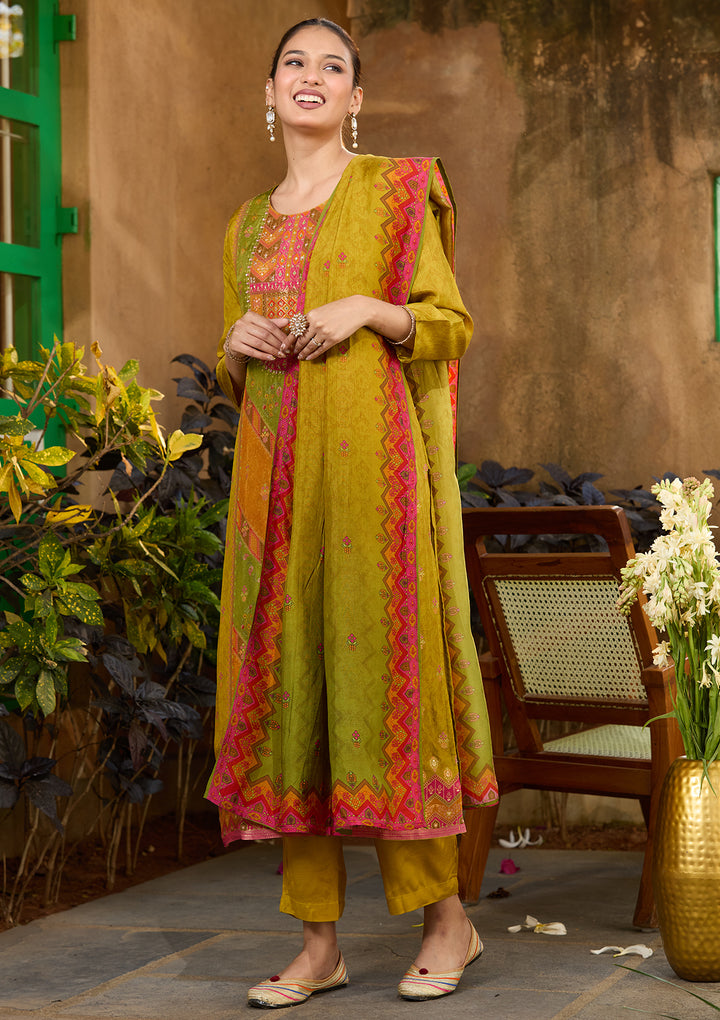 Mehandi Green Multi Art Silk Abstract Geometric Cutdana Straight Kurta With Pant Regular And Dupatta
