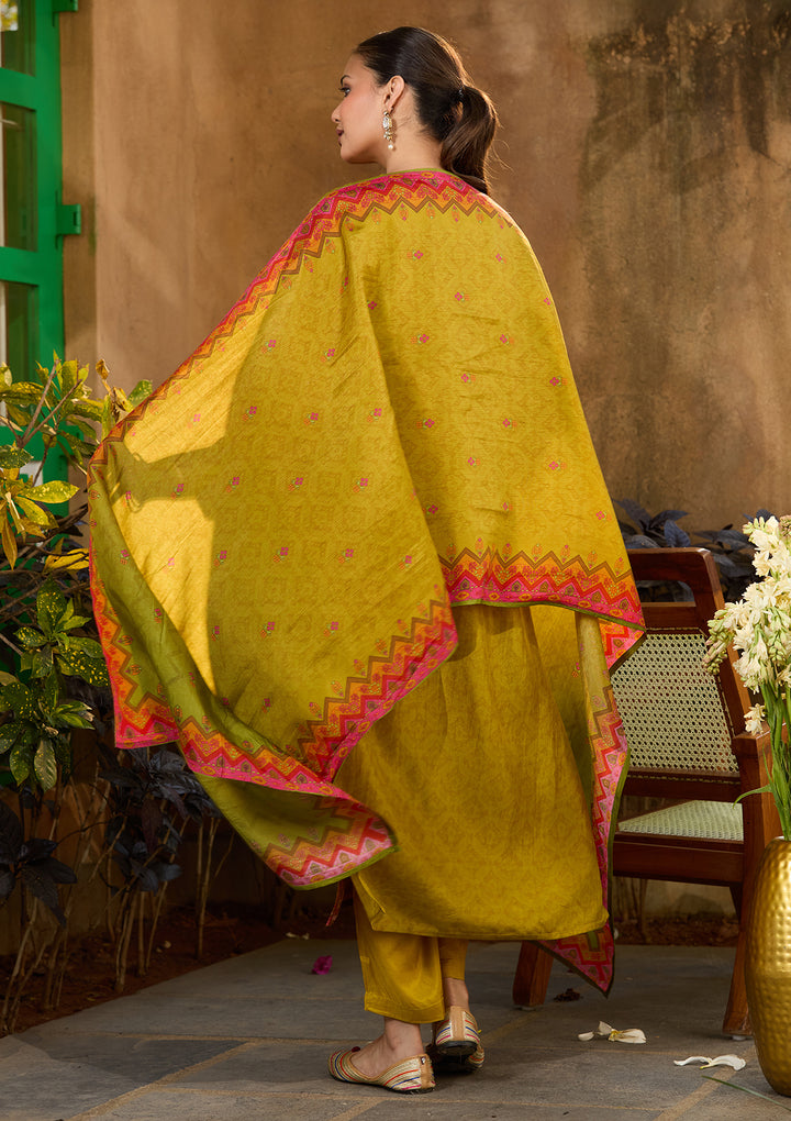 Mehandi Green Multi Art Silk Abstract Geometric Cutdana Straight Kurta With Pant Regular And Dupatta