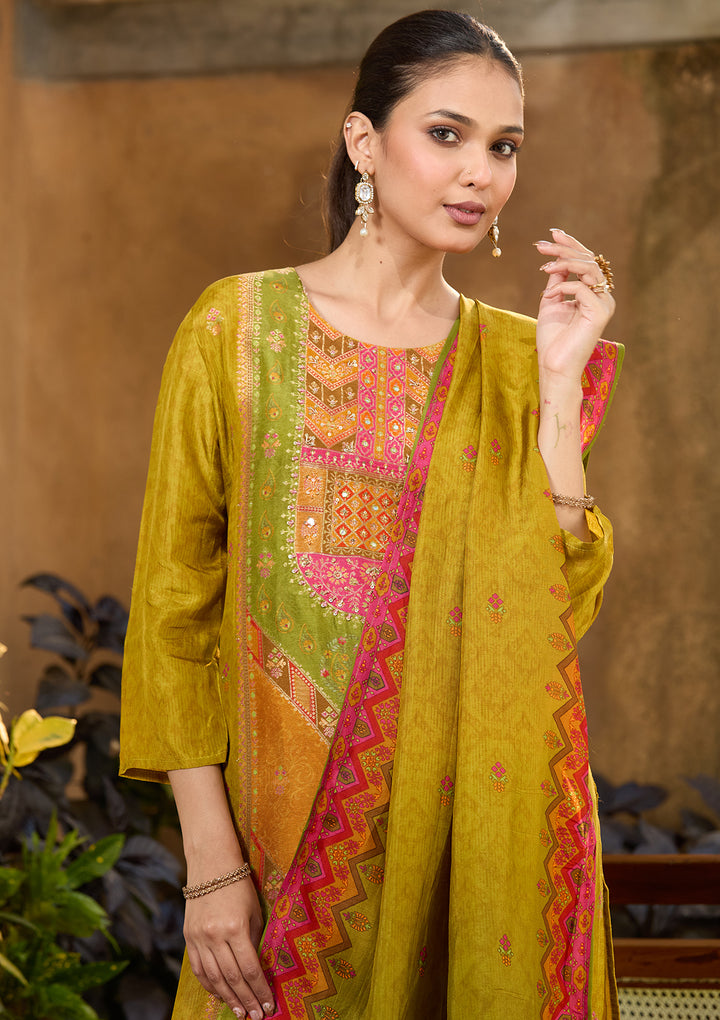 Mehandi Green Multi Art Silk Abstract Geometric Cutdana Straight Kurta With Pant Regular And Dupatta
