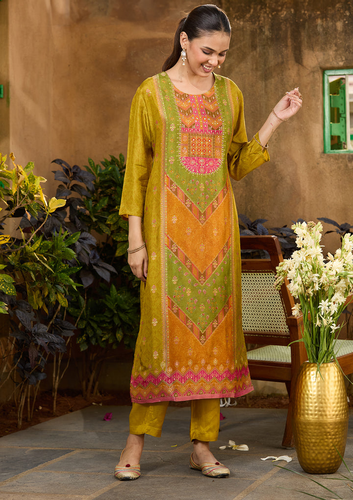 Mehandi Green Multi Art Silk Abstract Geometric Cutdana Straight Kurta With Pant Regular And Dupatta