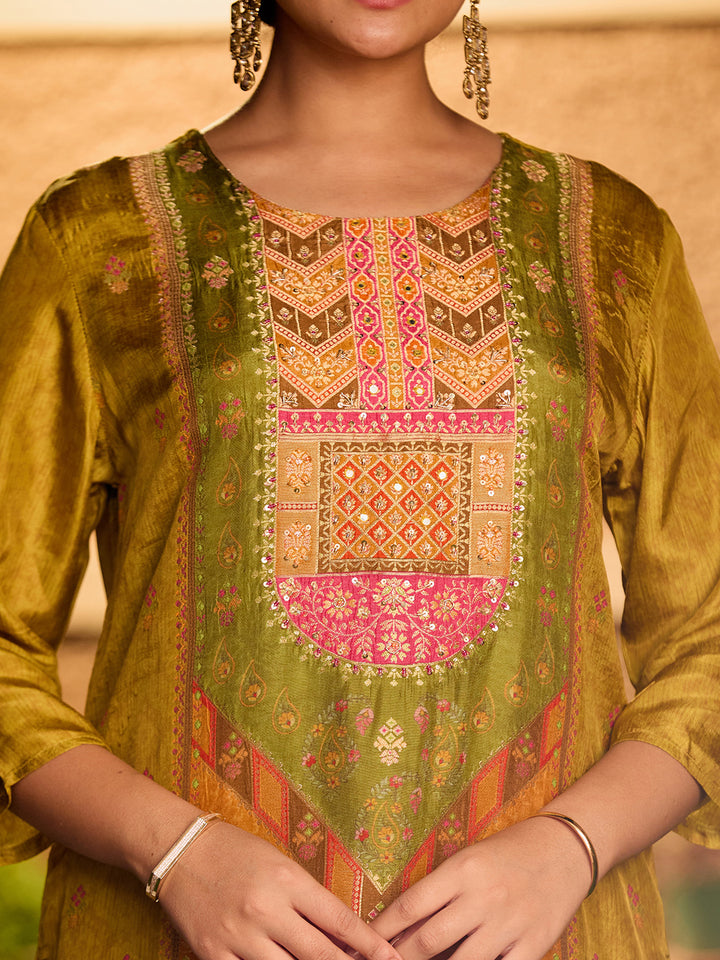 Mehandi Green Cutdana Soft Raw Silk Readymade Salwar Suit