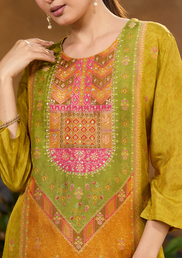 Mehandi Green Multi Art Silk Abstract Geometric Cutdana Straight Kurta With Pant Regular And Dupatta