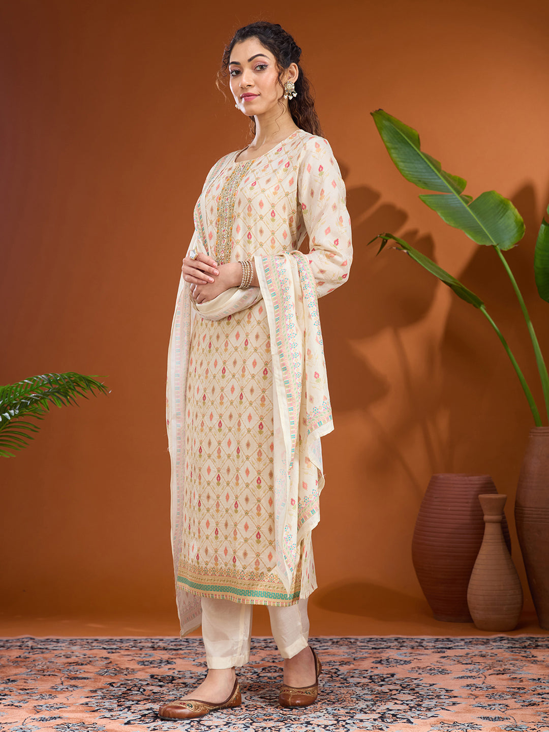 Cream Cutdana Soft Raw Silk Readymade Salwar Suit
