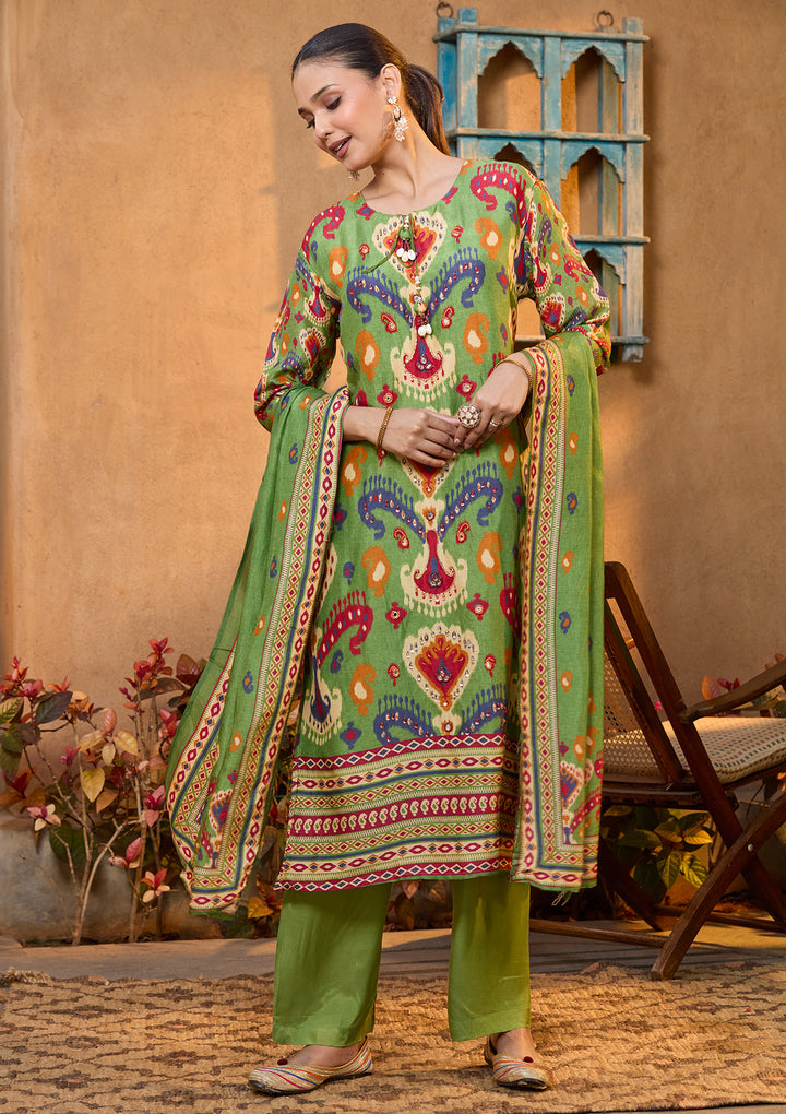 Green Satin Abstract Geometric Silver Stonework Straight Kurta With Pant Regular And Dupatta