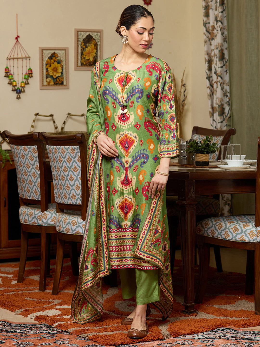 Green Stonework Soft Raw Silk Readymade Salwar Suit