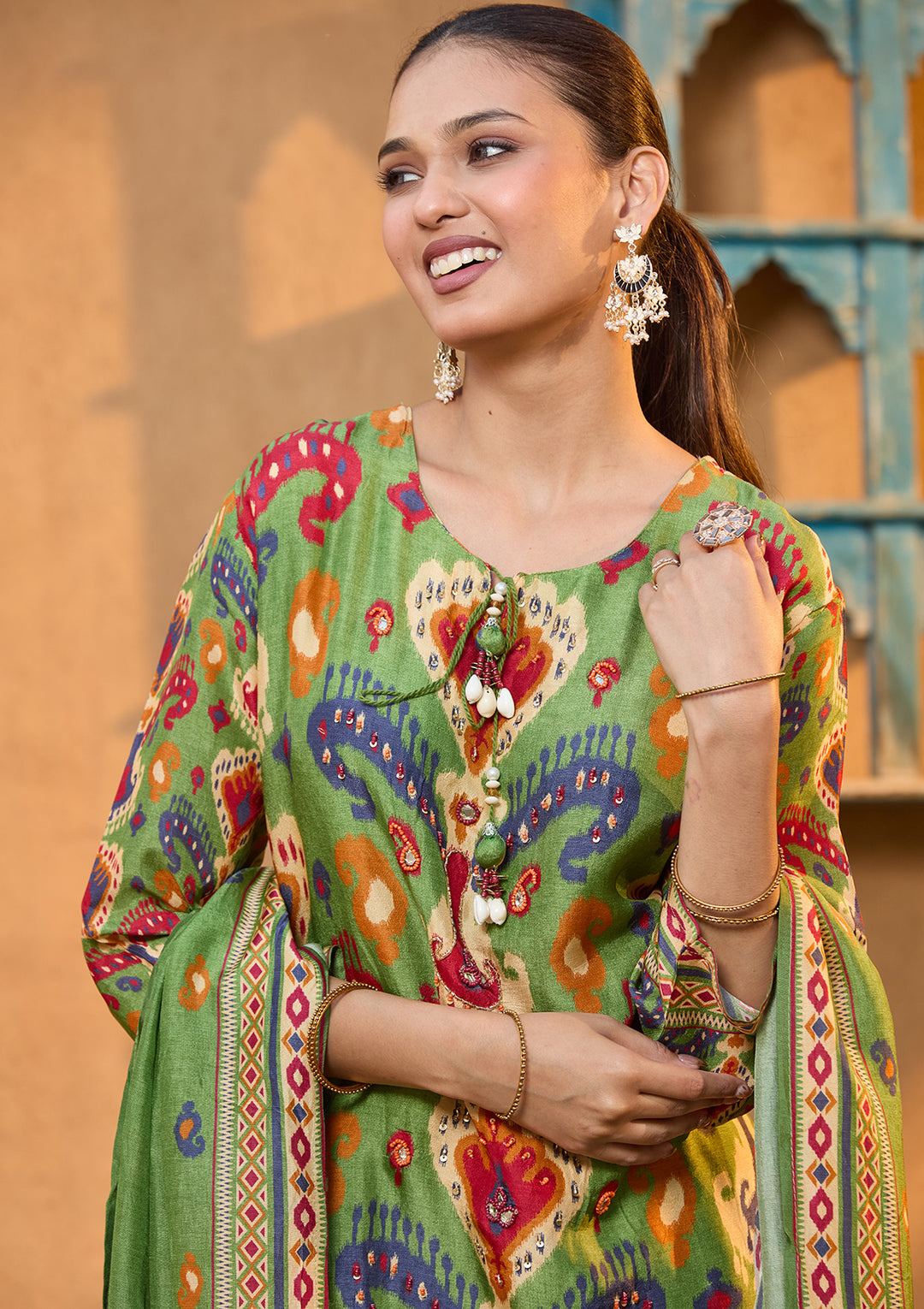 Green Satin Abstract Geometric Silver Stonework Straight Kurta With Pant Regular And Dupatta
