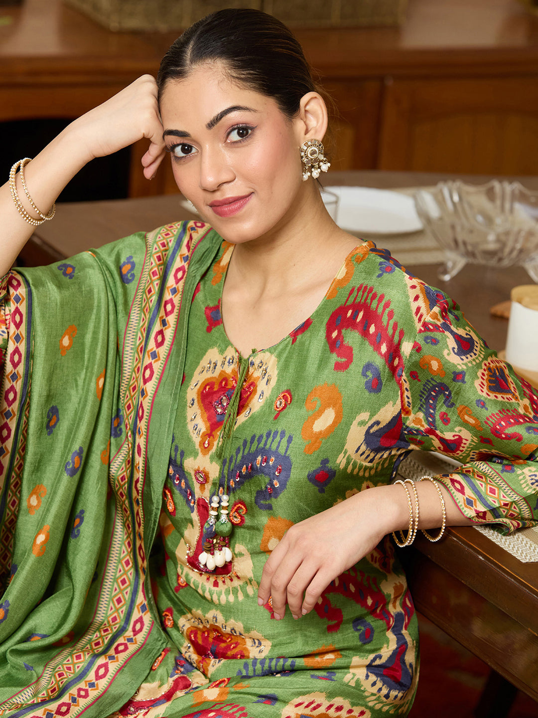 Green Stonework Soft Raw Silk Readymade Salwar Suit