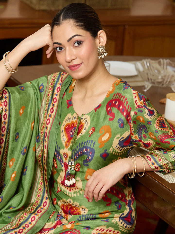 Green Stonework Soft Raw Silk Readymade Salwar Suit