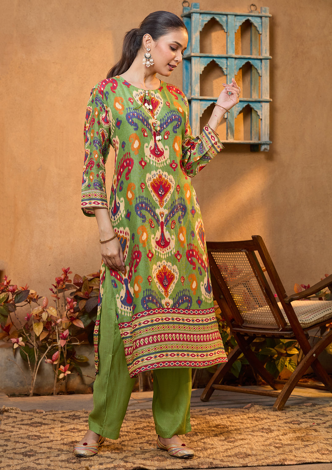 Green Satin Abstract Geometric Silver Stonework Straight Kurta With Pant Regular And Dupatta
