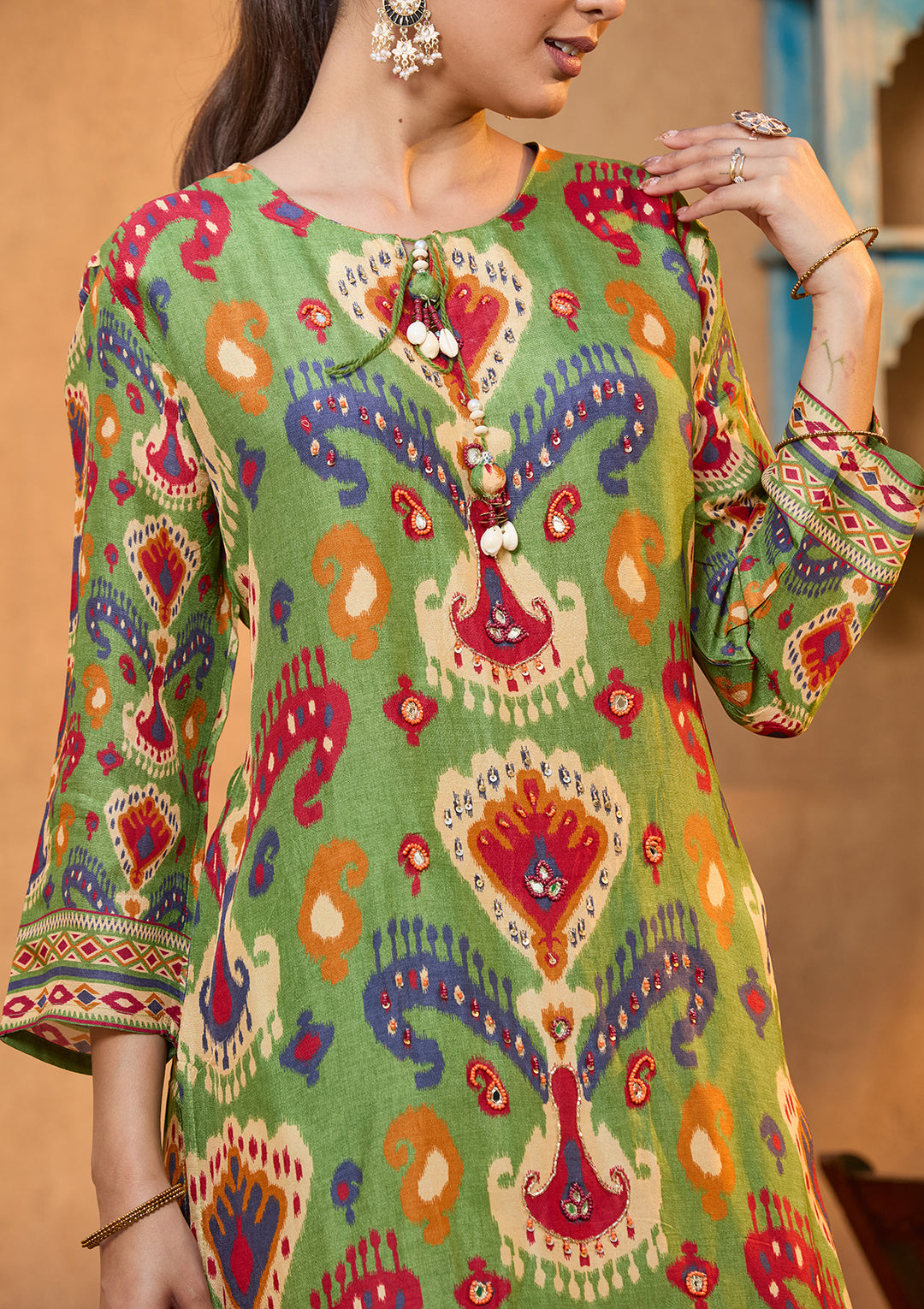 Green Satin Abstract Geometric Silver Stonework Straight Kurta With Pant Regular And Dupatta