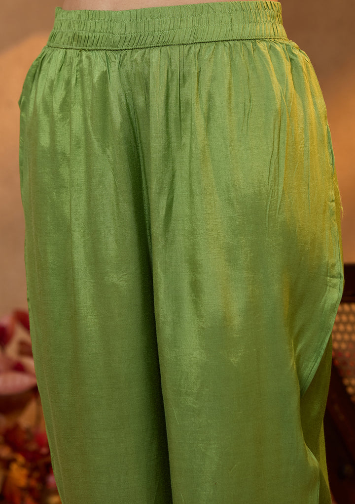 Green Satin Abstract Geometric Silver Stonework Straight Kurta With Pant Regular And Dupatta