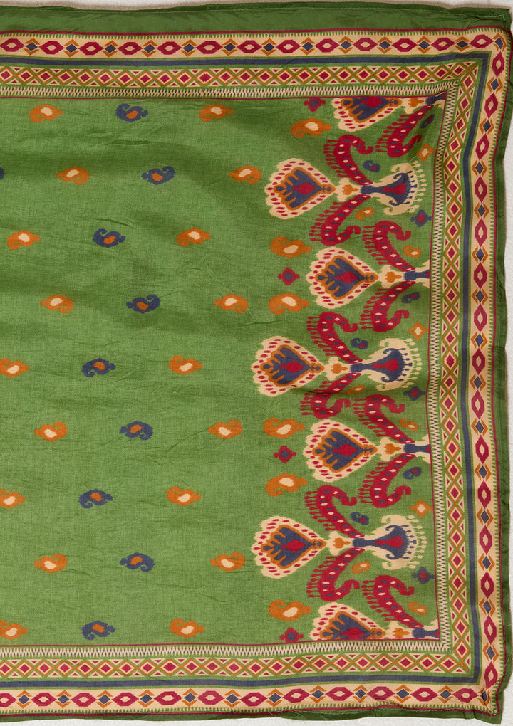 Green Satin Abstract Geometric Silver Stonework Straight Kurta With Pant Regular And Dupatta