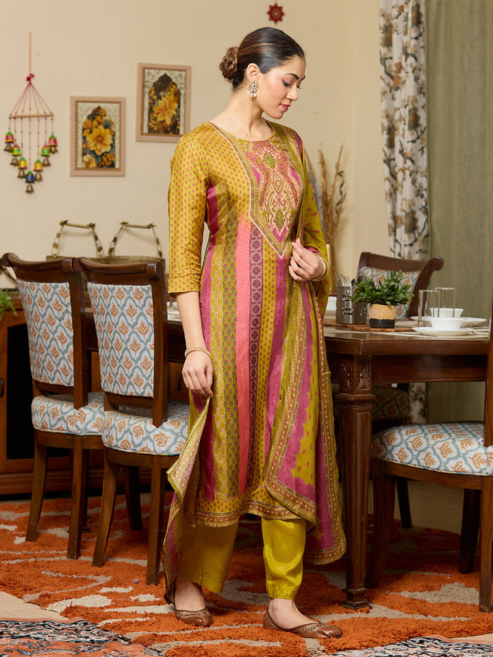 Mehandi Green Cutdana Satin Readymade Salwar Suit