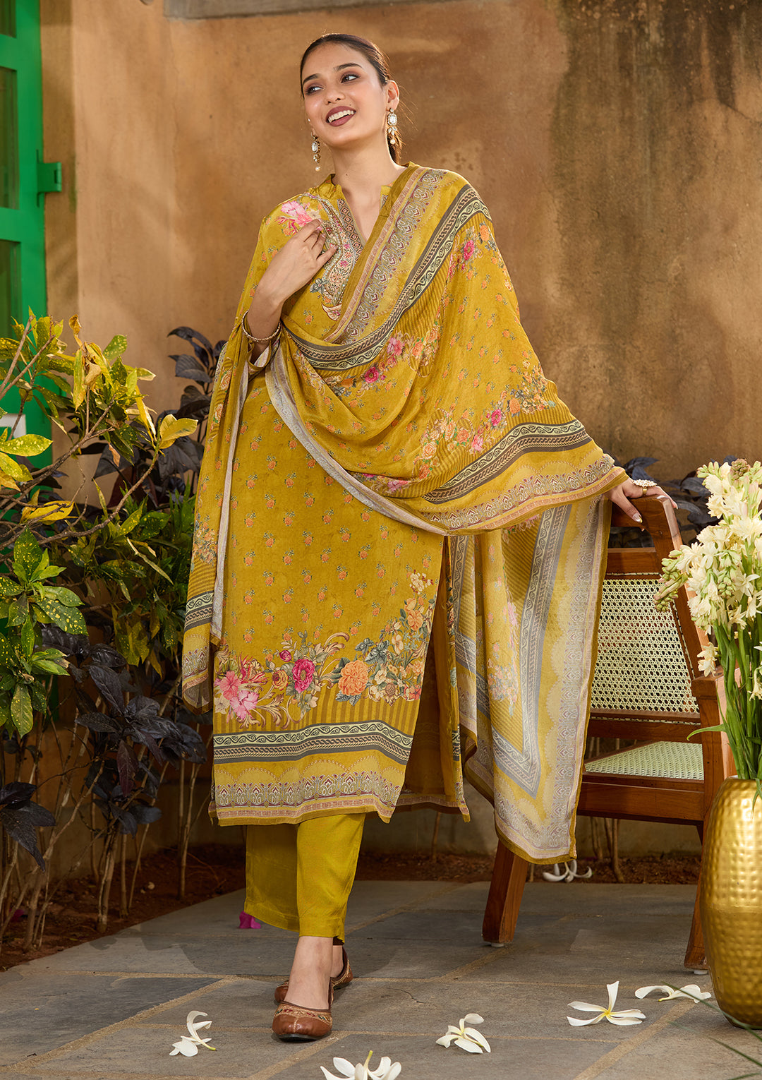 Mustard Yellow Crepe Floral Cutdana Straight Kurta With Regular Pant And Dupatta
