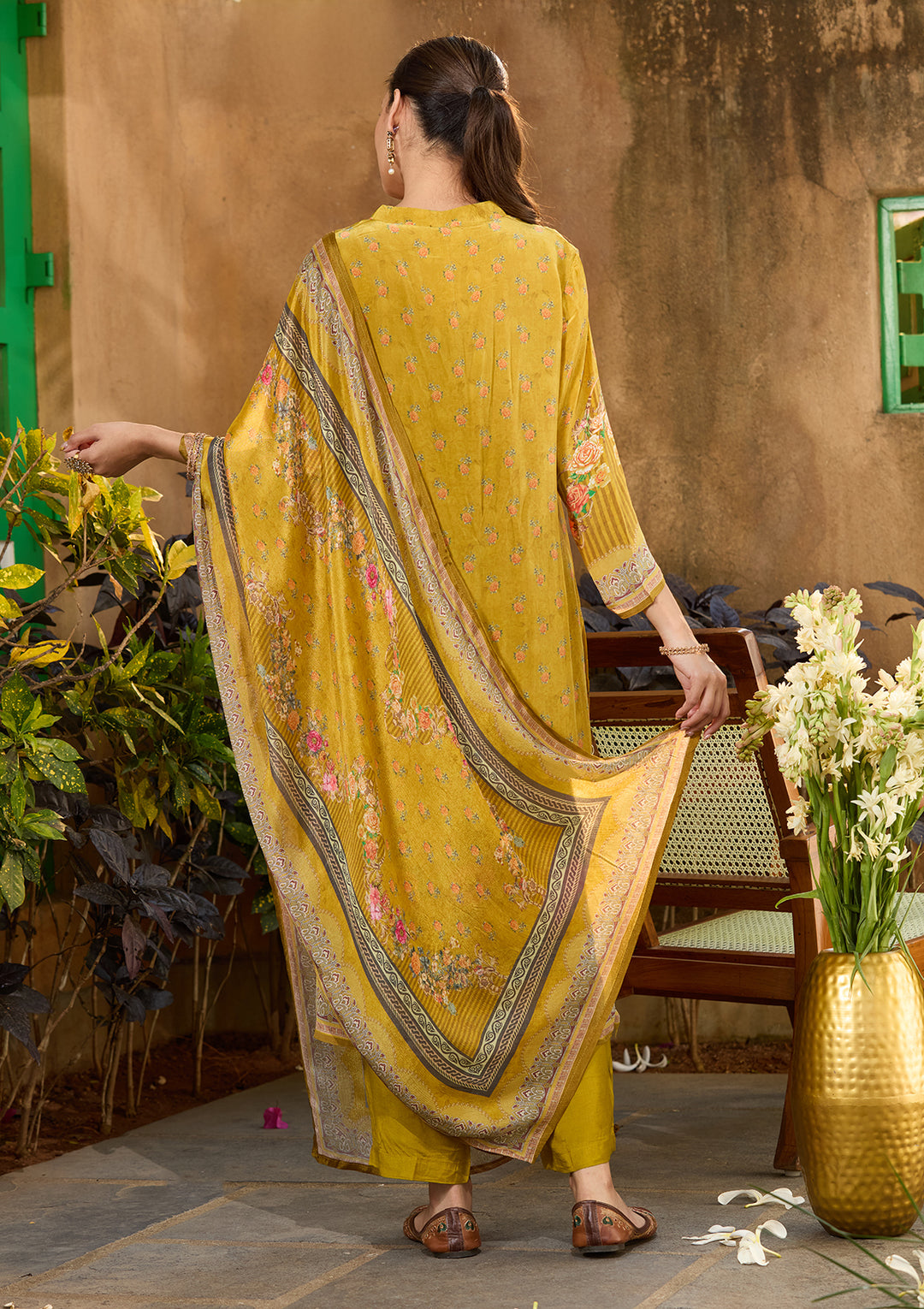 Mustard Yellow Crepe Floral Cutdana Straight Kurta With Regular Pant And Dupatta