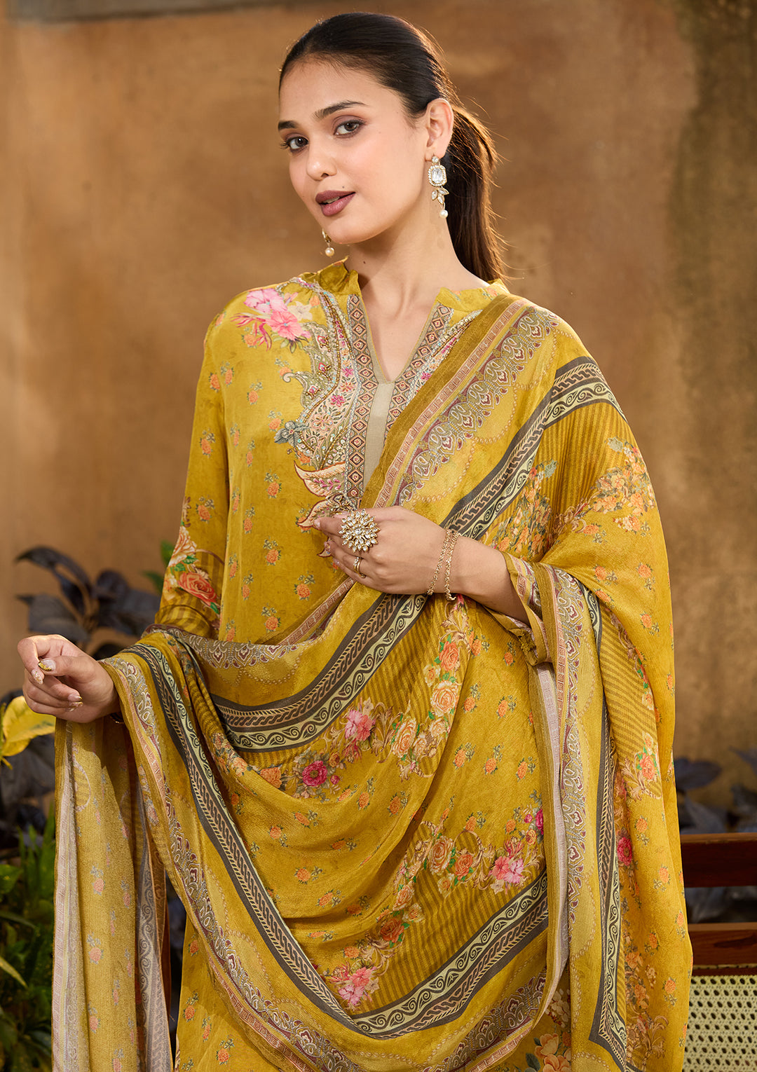 Mustard Yellow Crepe Floral Cutdana Straight Kurta With Regular Pant And Dupatta