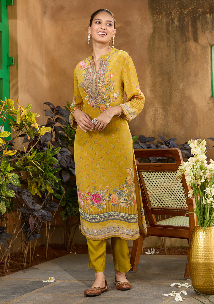 Mustard Yellow Crepe Floral Cutdana Straight Kurta With Regular Pant And Dupatta