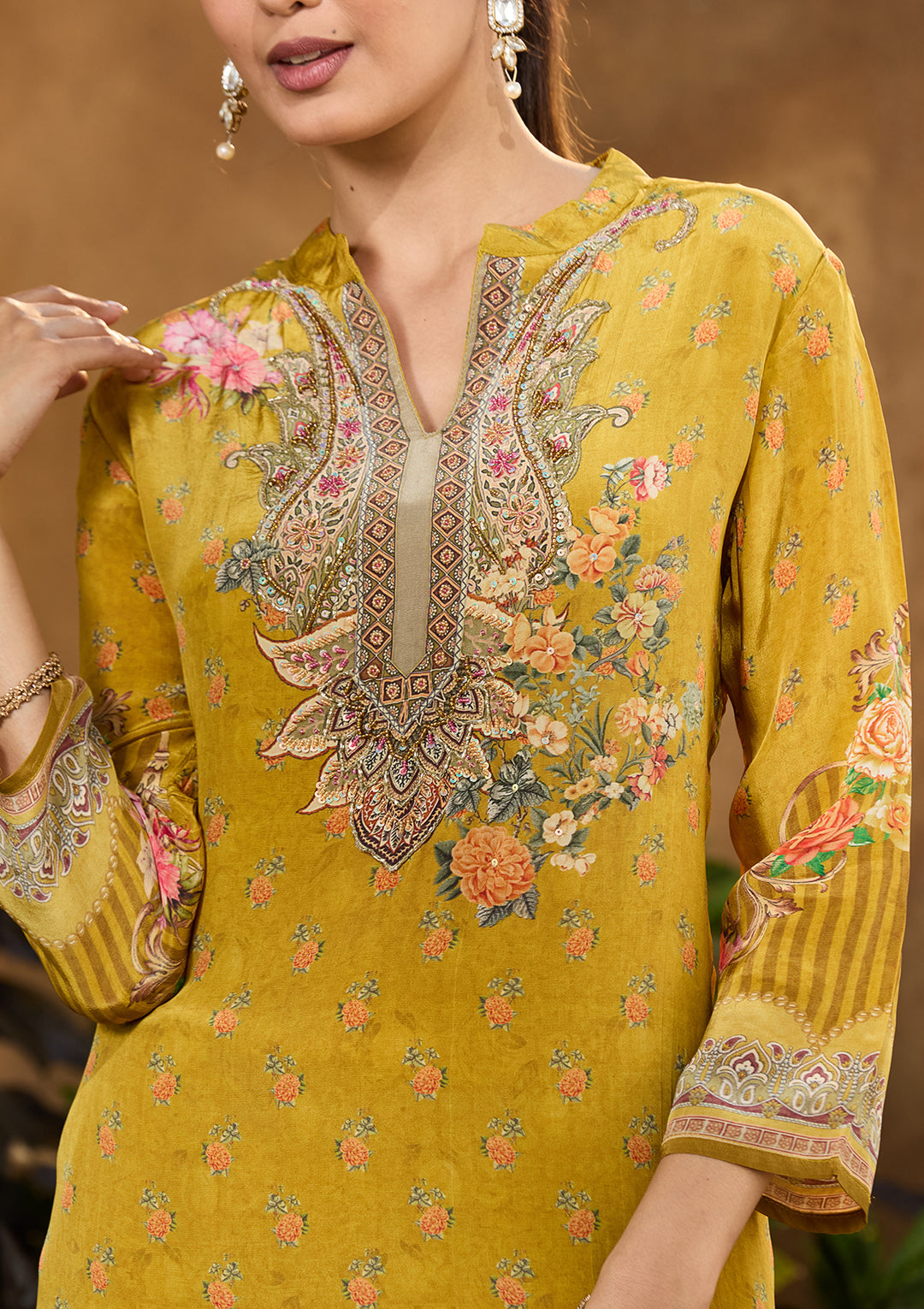 Mustard Yellow Crepe Floral Cutdana Straight Kurta With Regular Pant And Dupatta