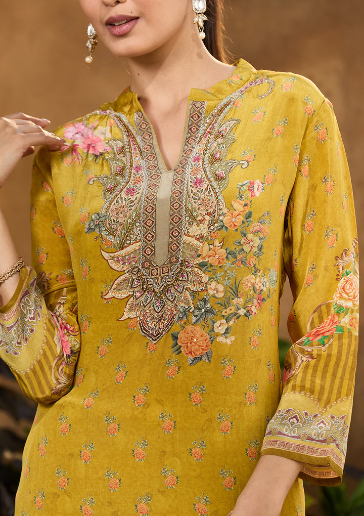 Mustard Yellow Crepe Floral Cutdana Straight Kurta With Regular Pant And Dupatta