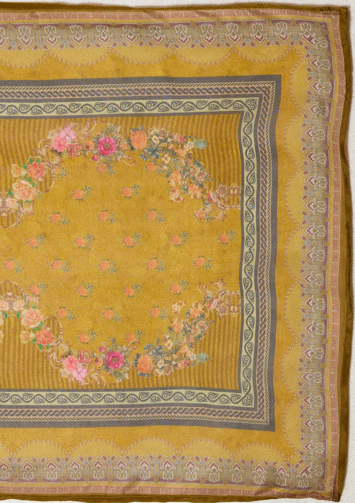 Mustard Yellow Crepe Floral Cutdana Straight Kurta With Regular Pant And Dupatta