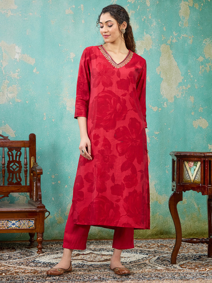 Red Threadwork Satin Readymade Salwar Suit