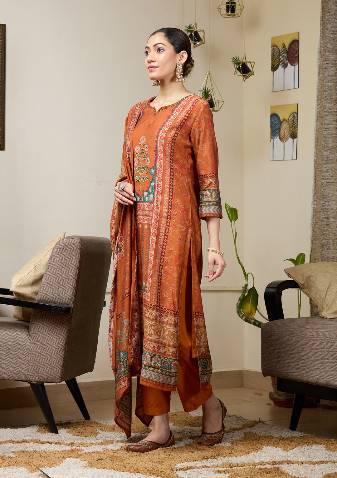 Orange Cutdana Satin Readymade Salwar Suit