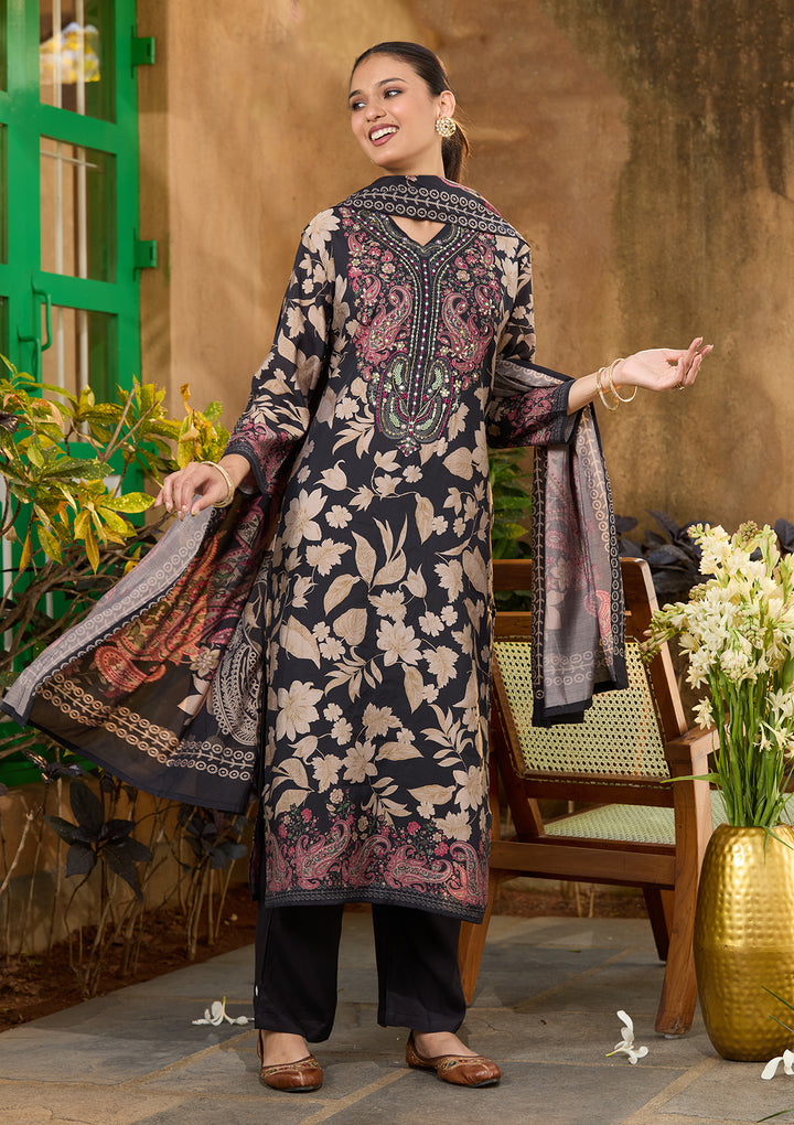 Black Satin Floral Threadwork Straight Kurta With Pant Regular And Dupatta