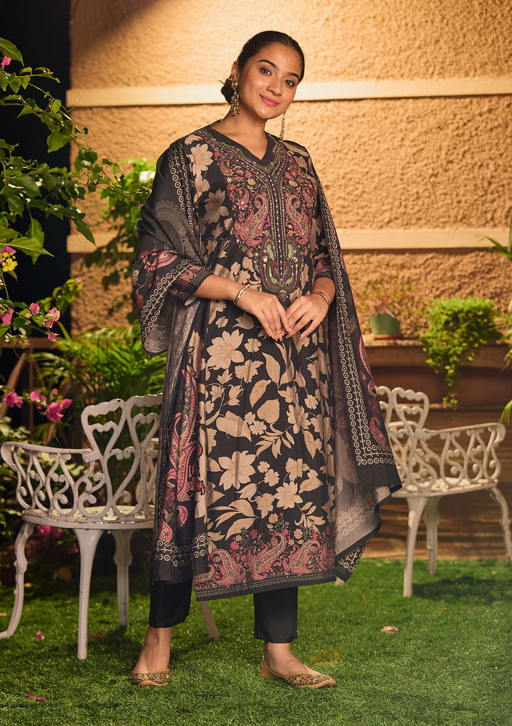 Black Threadwork Satin Readymade Salwar Suit