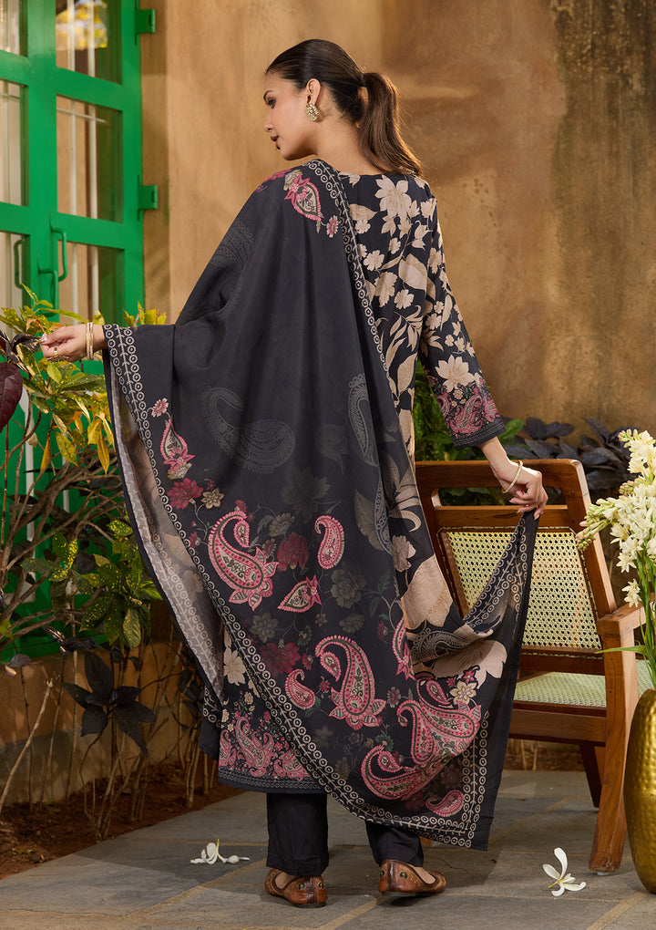Black Satin Floral Threadwork Straight Kurta With Pant Regular And Dupatta