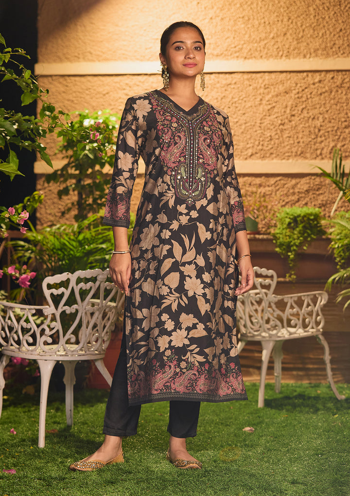 Black Threadwork Satin Readymade Salwar Suit