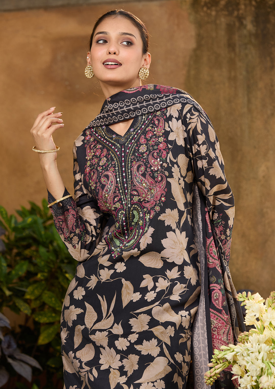 Black Satin Floral Threadwork Straight Kurta With Pant Regular And Dupatta